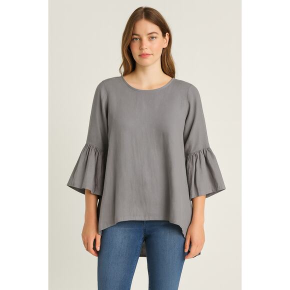 Bryan Walker Women’s Linen Flare Sleeve Blouse Taupe Sz S Minimalist Boho Resort - Picture 1 of 13